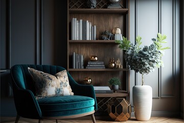  a living room with a blue chair and bookshelf with a potted plant on it and a vase with a green plant in it.  generative ai