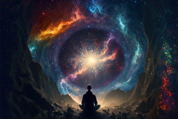 Meditation transcending human existence. Surreal illustration. Created by Generative Al.