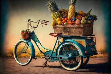 Sticker -  a blue bike with a basket of fruit on the back of it's seat and a bike handlebars attached to the front wheel.  generative ai