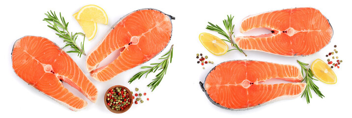 Slice of red fish salmon with lemon, rosemary and peppercorns isolated on white background. Top view. Flat lay