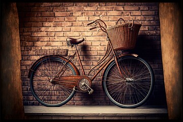 Sticker -  a bicycle parked against a brick wall with a basket on the front of it's front wheel, and a basket on the back of the front wheel.  generative ai