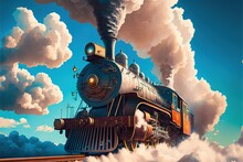  A Painting Of A Steam Engine Train Coming Down The Tracks With Smoke Billowing Out Of It's Stacks And Steam Coming Out Of It's Stacks.  Generative Ai