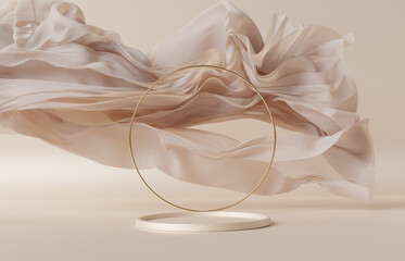 3D background. Beige podium, display mockup. Silk cloth in motion. Gold circle frame for Beauty,  product, cosmetic presentation. Feminine scene with pedestal. 3d render.
