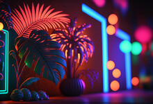 Ai-Generated 3D Neon Jungle: A Vibrant, Shimmering, And Glowing Render Of Artificial Foliage