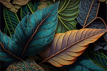  A Painting Of Leaves And Other Plants On A Black Background With A Blue Border Around The Edges Of The Image And The Bottom Half Of The Leaves.  Generative Ai