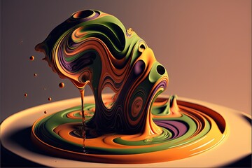 Canvas Print -  a liquid swirl with a drop of liquid coming out of it on top of a white plate with a black and yellow design on it.  generative ai