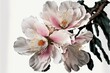  a white and pink flower on a branch of a tree with green leaves on a white background with a light reflection in the center of the picture.  generative ai