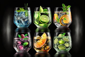 Sticker -  a set of four glasses filled with different types of drinks and fruit in them on a black background with a reflection of the glass and a black background.  generative ai