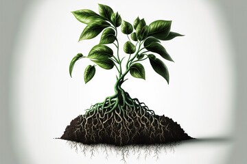 Poster -  a plant with green leaves growing out of it's roots on a white background with a shadow of the ground and a white wall behind it.  generative ai