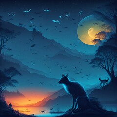 Canvas Print - Night Landscape with Fantasy Animals, Generative AI Illustration