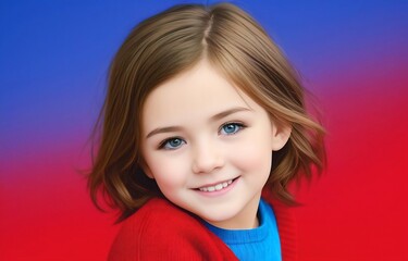 A little brunette girl with blue eyes smiles at the camera. Generative AI