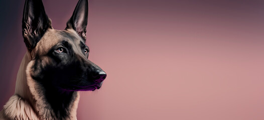 close up of a Belgan Malinoi dog with a pink pastel background. Dog fashion photo. Generative AI