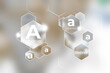 Molecular model of vitamin A, retinol. Hexagons with Vitamin A name, marble beige background.