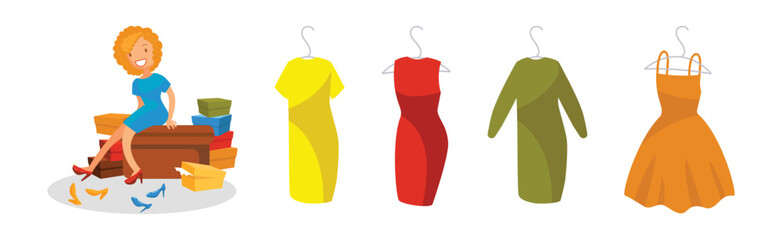 Sticker - Woman Character Shopping Making Purchase in Mall with Dress on Hanger Vector Set