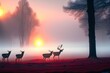 © unalcreative - Beautiful sunrise on field with red deer. Winter foggy frosty morning with deer. Winter sunny landscape with sunlight - generative ai