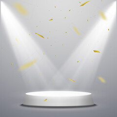 Aufkleber - Gold confetti with award podium and spotlights. Winner vector background with confetti.