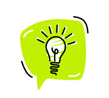 Bright Green Speech Bubbles With Icons Light Bulb. Concept Ideas Or Insight.