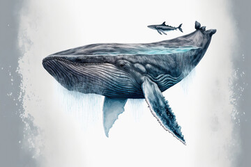 Wall Mural - Illustration of a genuine humpback whale, solitary. against a white background, a large gray whale. A blue whale swims to the top in the open ocean. Generative AI