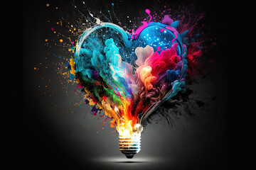 Wall Mural - Lightbulb in the shape of a heart with Impactful and inspiring artistic colourful explosion of energy. Generative AI, this image is not based on any original image, character or person.	
