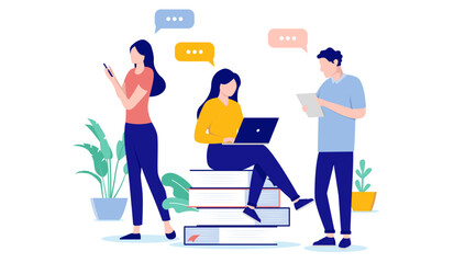 Doing research at work - People in office with books concentrating and searching for information and inspiration online. Flat design vector illustration with white background