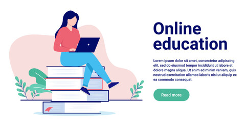 Wall Mural - Online education - Woman student studying with laptop computer sitting on stack of books. Flat design vector illustration with white background and copy space for text