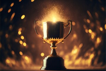 Winner gold trophy with blurred sparks on background. Generative AI