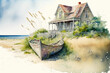 © The 2R Artificiality - Illustration in watercolor of a summer home on a sandy beach with grass, a collapsed wooden fence, and boat masts in the distance. Generative AI
