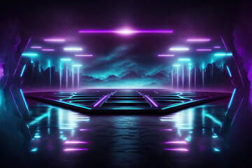 Wall Mural - Illustration of a Contemporary Futuristic Sci Fi Purple Blue Neon Lights On Abstract Construction Empty Dark Stage With Concrete Reflection Floor And Water. Generative AI