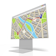 City map with market route by two pins on computer monitor - 3D illustration