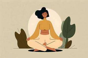 beautiful girl meditating minimalistic concentrated, flat minimalistic background, vector illustration