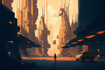 Futuristic sci-fi city in a technological world of the future. Ai rendering. Urban landscape of a city of the future. Isolated person walking through the wasteland on the outskirts of the city.