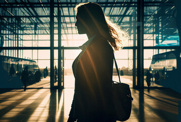 Wall Mural - Business woman with a suitcase at train station or at airport..