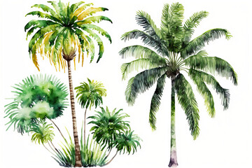 Wall Mural - Green palm tree painted in watercolor and set against a white background. old fashioned coconut trees tropical rainforest with flowers. Generative AI