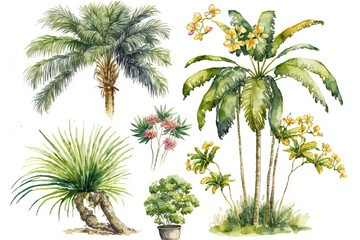 Green palm tree painted in watercolor and set against a white background. old fashioned banana and coconut trees tropical rainforest with flowers. Generative AI
