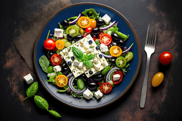 Poster - Greek salad with feta cheese, black olives, and fresh veggies. a top view. Generative AI