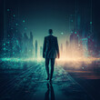 © olegganko - Professional business man walking on future network city. Illustration Generative AI