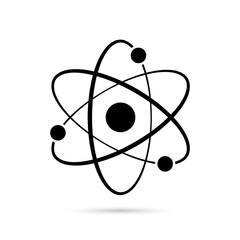 Atom icon. Quantum physics. Black color logo isolated on white background. Medical symbol. Nuclear energy. Molecule structure. Fusion reactor. Proton core. Atomic neutron power. Vector illustration