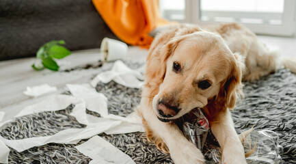 Sticker - Golden retriever dog playing with toilet paper