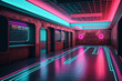 © Tamara - Concept art illustration of apartment arcade room interior in cyberpunk style. AI created a digital art illustration. Generative AI.