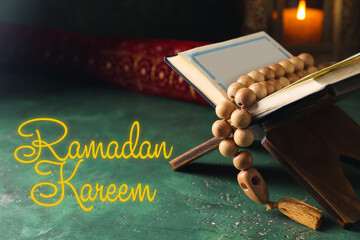 Wall Mural - Greeting card for Ramadan with Koran and prayer beads