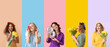 Set of beautiful women with flowers on color background. 8 March celebration