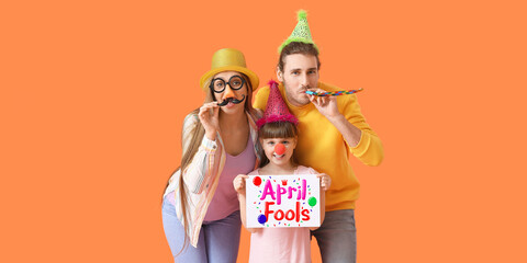 Poster - Family in funny disguise on orange background. April Fools Day