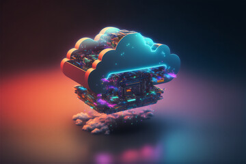 Cloud data storage rack concept in glass cube. Cloudscape digital metaverse server for global network business. Web database backup computer private infrastructure technology. Generative AI