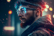 © whilerests - Portrait of bearded cyberpunk man on the night street with blurred bokeh neon city lights. Cyborg character wearing virtual reality goggles. Generative AI