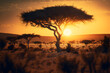 African savanna with mountain in national wild park at sunrise 