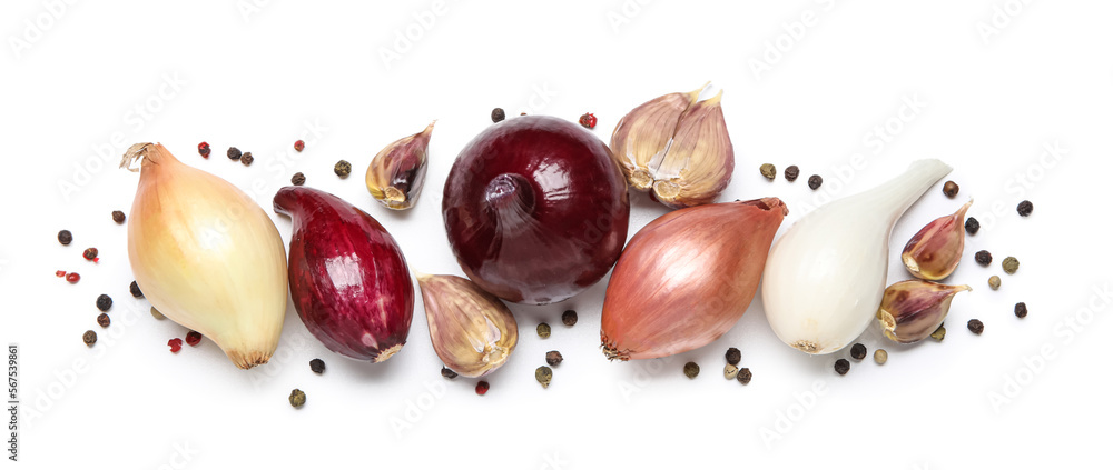 Composition with different kinds of onion, garlic and peppercorns on white background