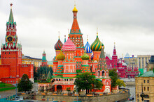 Above St Basil Cathedral, Red Square And Kremlin Panorama, Moscow, Russia