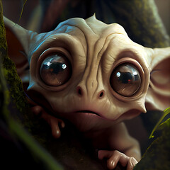 Wall Mural - An adorable, cute, big-eyed tree goblin or gargoyle. You will fall in love when you look into their eyes. This is a generative AI photo.