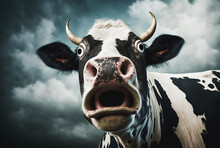 Black And White Cow Outside With Horns And Crazy Eyes. Generative AI