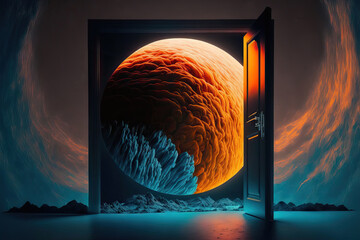 Poster - Exoplanet, alien planet in deep space, or planet similar to Earth. Unknown planet, galaxy, and neon space doorway in a fantastical scene. Generative AI